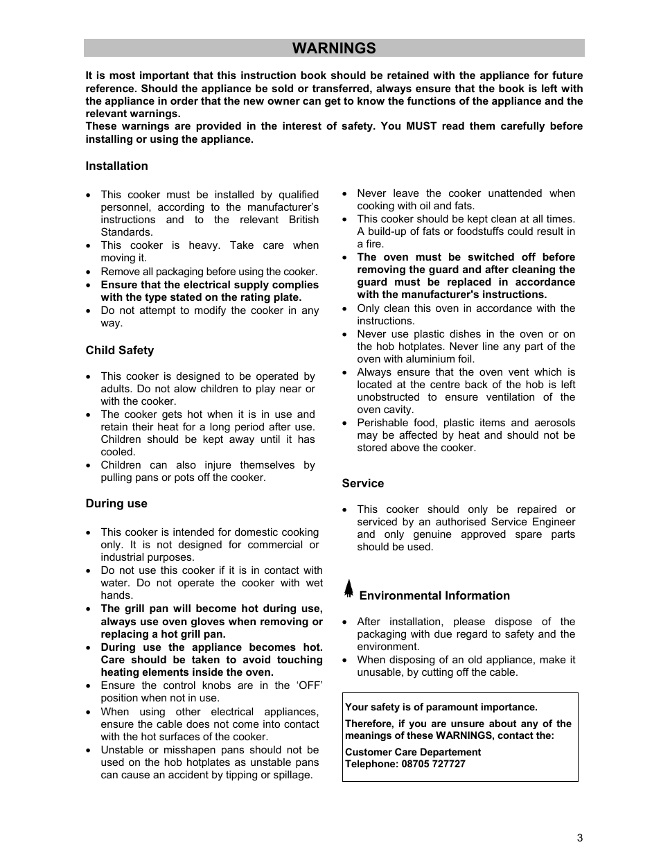 Warnings | Zanussi ZCE 531 GB User Manual | Page 3 / 24