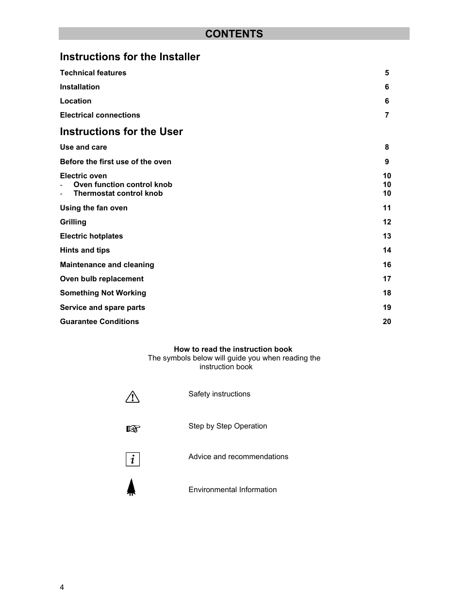 Contents instructions for the installer, Instructions for the user | Zanussi ZCE 531 GB User Manual | Page 4 / 24