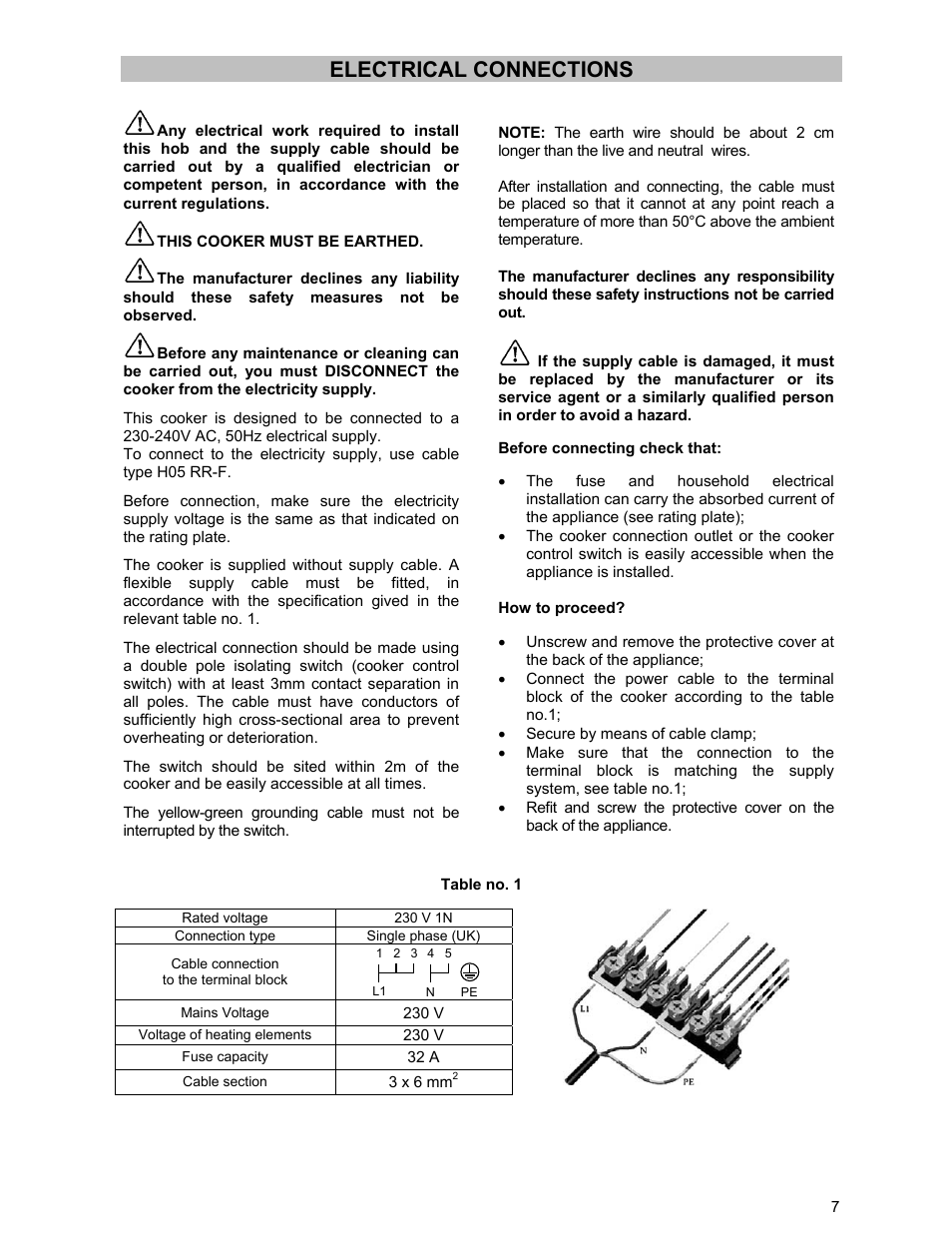 Electrical connections | Zanussi ZCE 531 GB User Manual | Page 7 / 24
