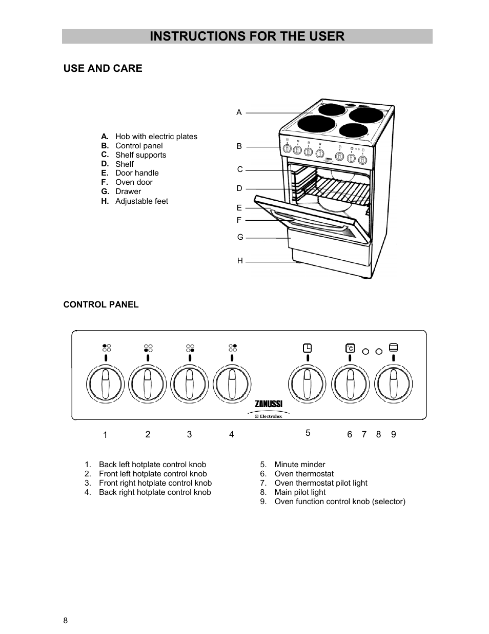 Instructions for the user, Use and care | Zanussi ZCE 531 GB User Manual | Page 8 / 24