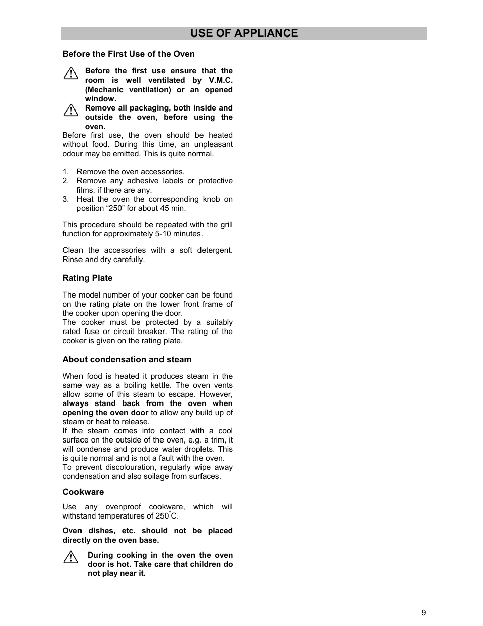 Use of appliance | Zanussi ZCE 531 GB User Manual | Page 9 / 24