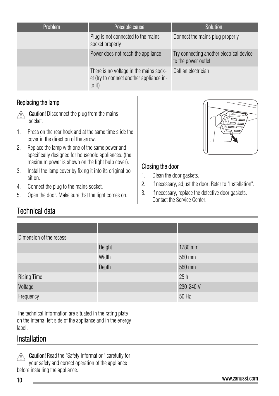 Technical data, Installation | Zanussi ZBB26650SA User Manual | Page 10 / 16