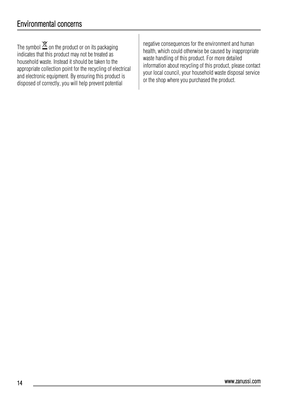 Environmental concerns | Zanussi ZBB26650SA User Manual | Page 14 / 16