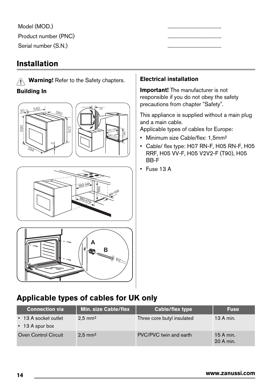 Installation, Applicable types of cables for uk only | Zanussi ZOB143 User Manual | Page 14 / 16
