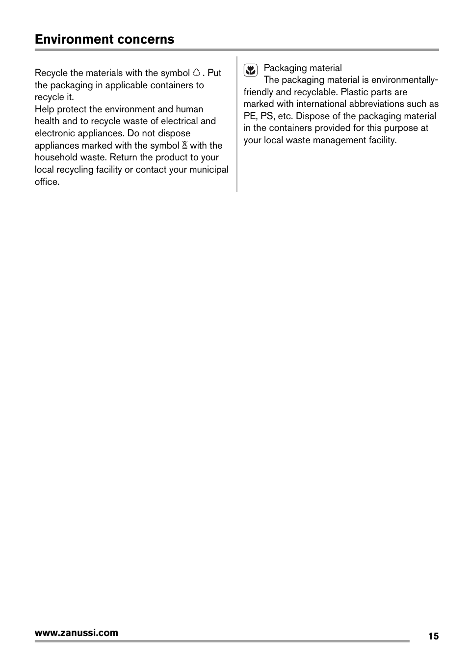 Environment concerns | Zanussi ZOB143 User Manual | Page 15 / 16