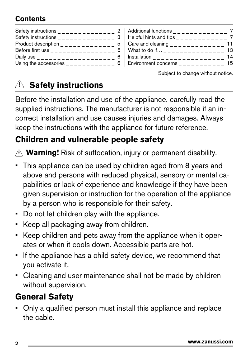 Safety instructions, Children and vulnerable people safety, General safety | Zanussi ZOB143 User Manual | Page 2 / 16