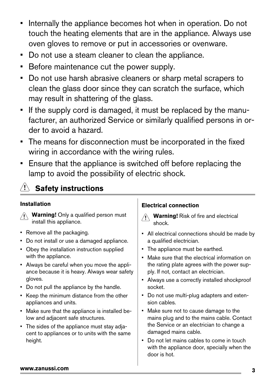 Safety instructions | Zanussi ZOB143 User Manual | Page 3 / 16