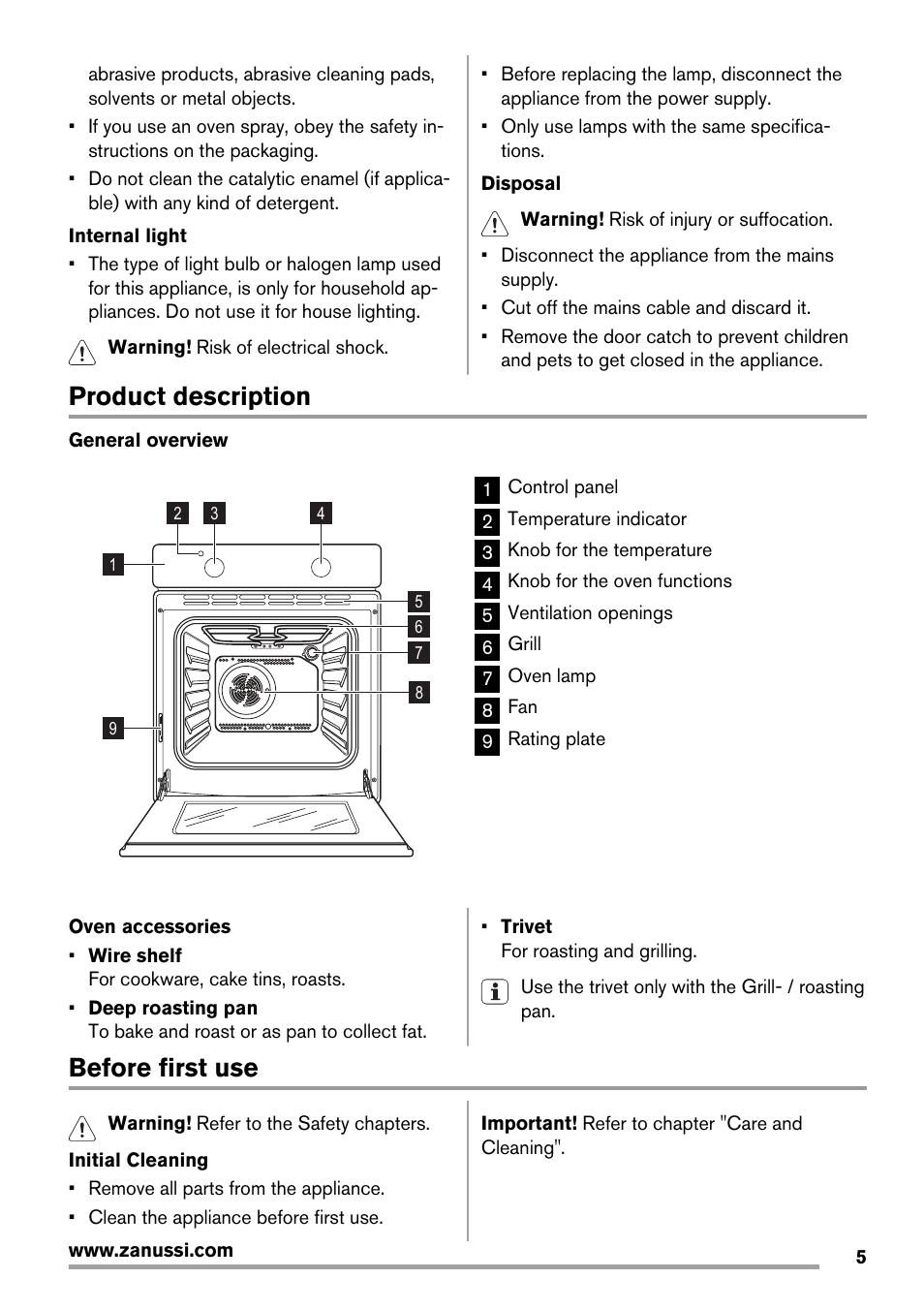 Product description, Before first use | Zanussi ZOB143 User Manual | Page 5 / 16