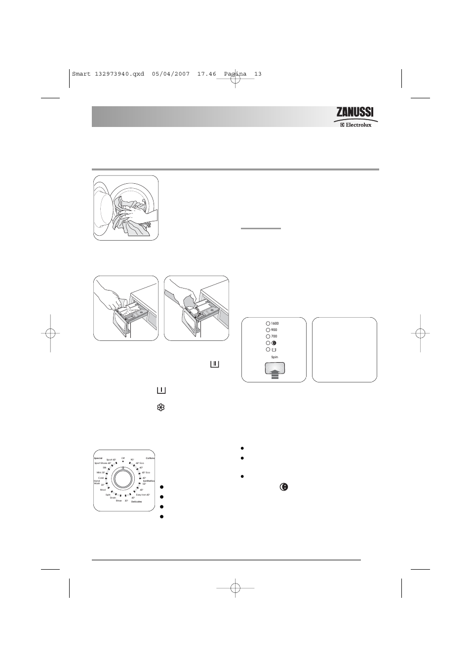 Operating sequence, Cottons, Synthetics | Delicates, Cottons: 1600 rpm | Zanussi ZWF 16281 W User Manual | Page 13 / 36
