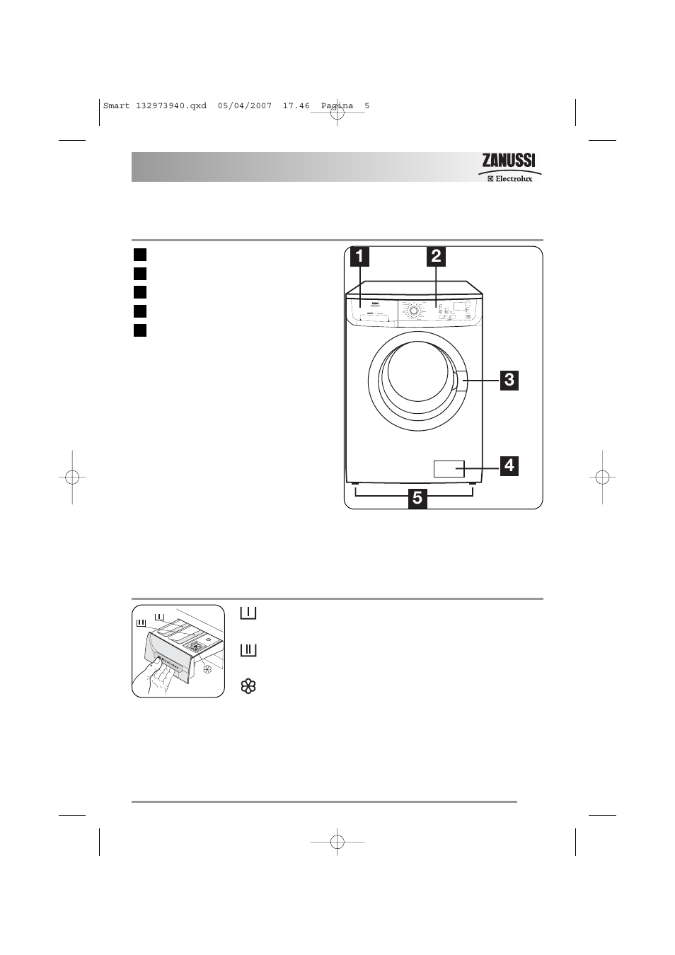 Description of the appliance, Detergent dispenser drawer | Zanussi ZWF 16281 W User Manual | Page 5 / 36