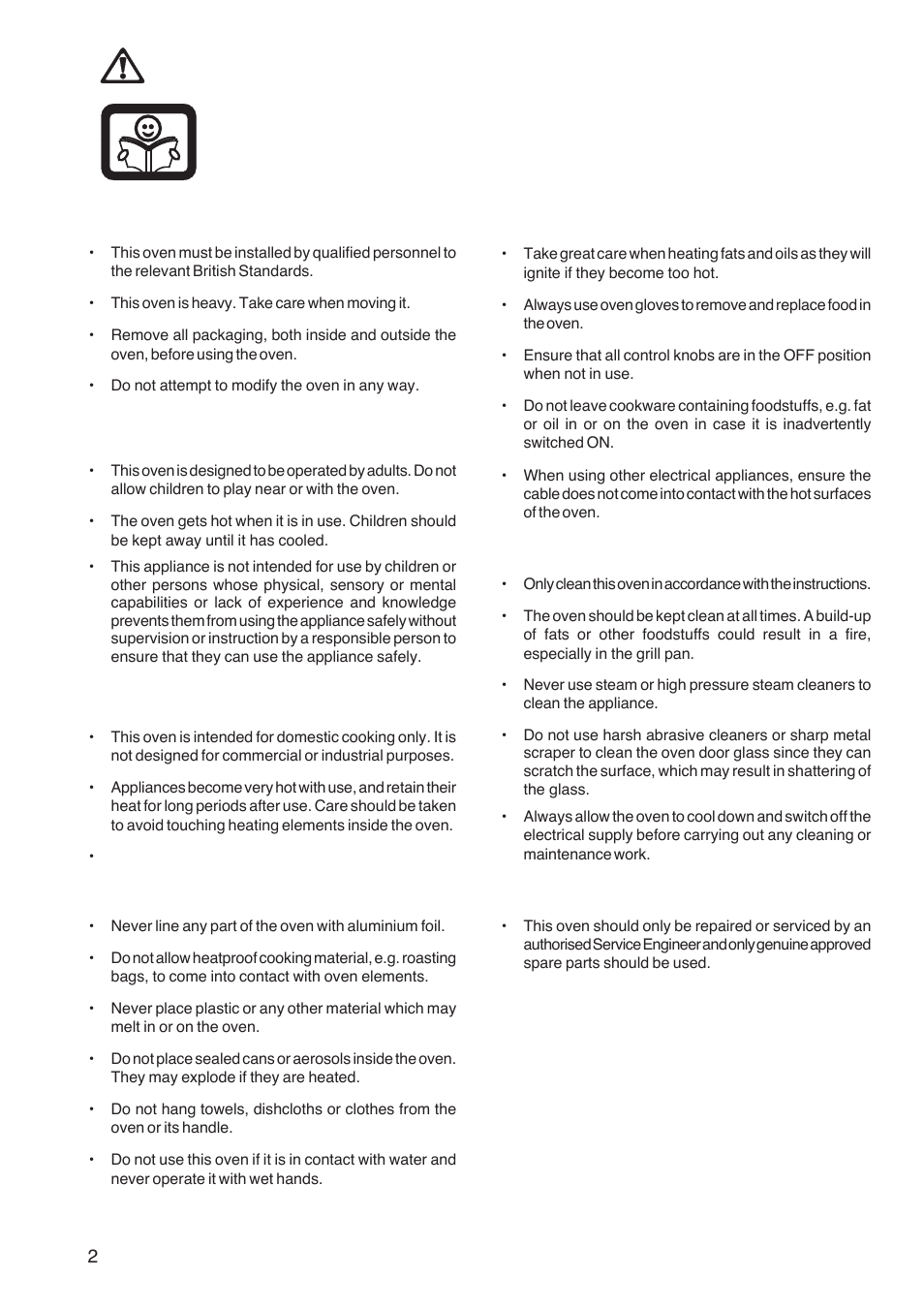 Important safety information, Installation, Child safety | During use, Maintenance and cleaning, Service | Zanussi ZOB 160 User Manual | Page 2 / 20