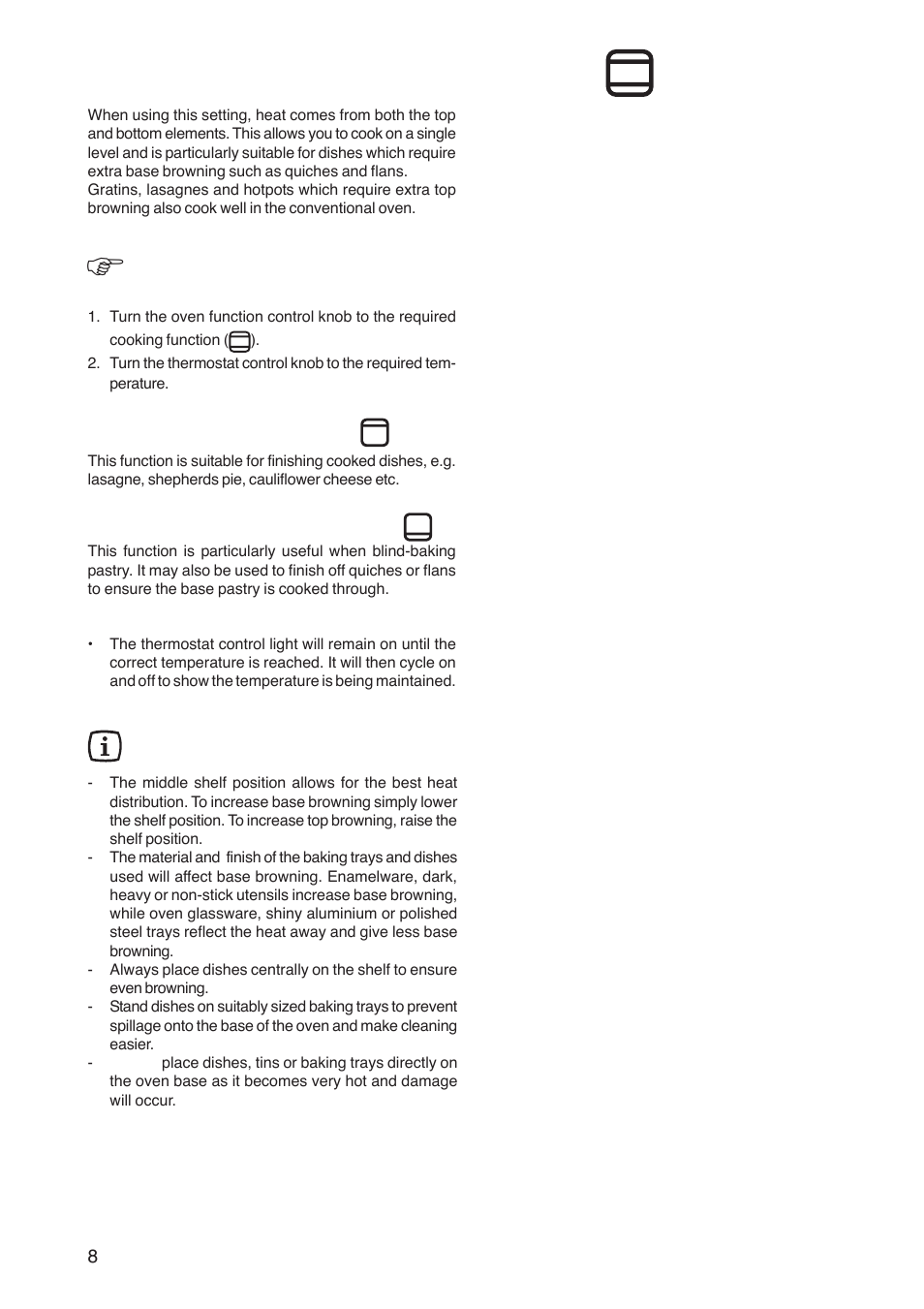 The conventional oven, How to use the conventional oven, Top oven element only | Bottom oven element only, Hints and tips | Zanussi ZOB 160 User Manual | Page 8 / 20