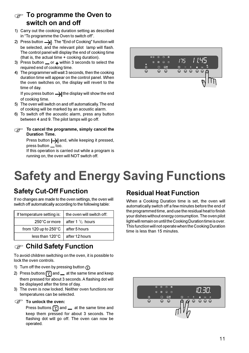 Safety and energy saving functions, Safety cut-off function, Child safety function | Residual heat function | Zanussi ZBM 879 User Manual | Page 11 / 28