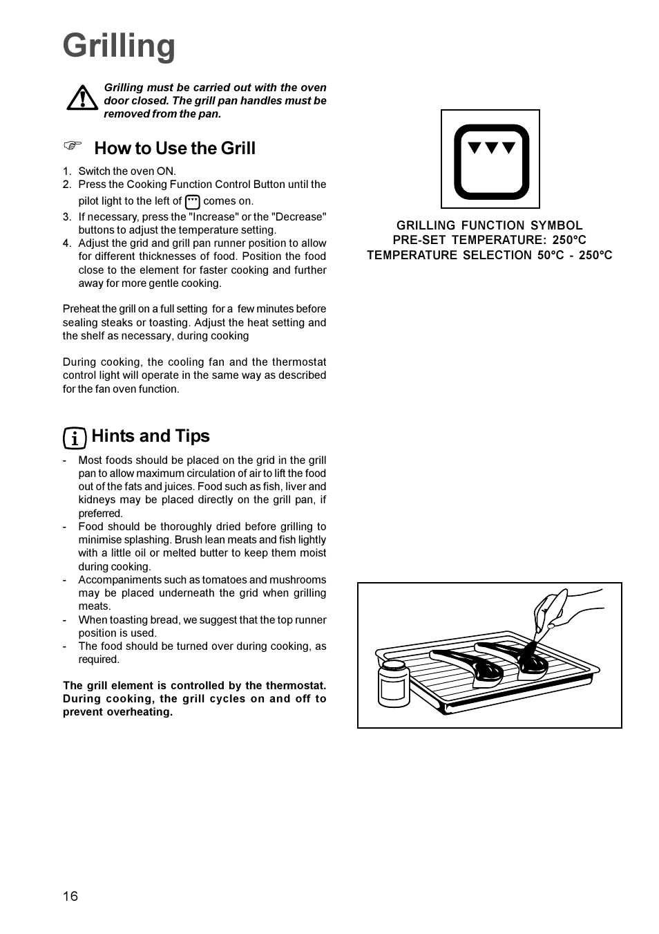 Grilling, How to use the grill, Hints and tips | Zanussi ZBM 879 User Manual | Page 16 / 28