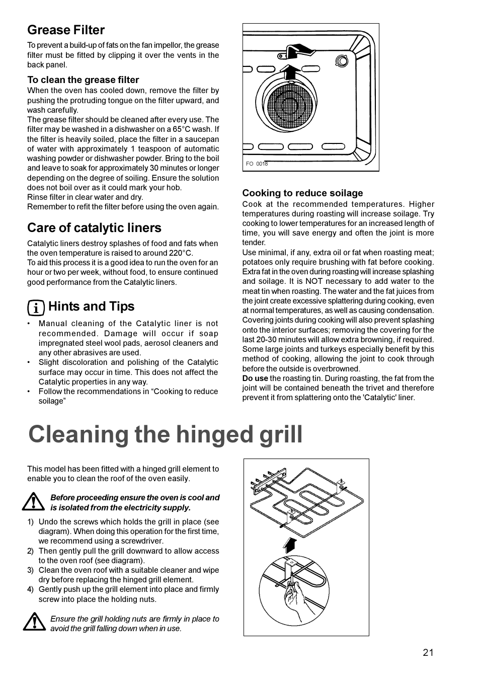 Cleaning the hinged grill, Grease filter, Care of catalytic liners | Hints and tips | Zanussi ZBM 879 User Manual | Page 21 / 28