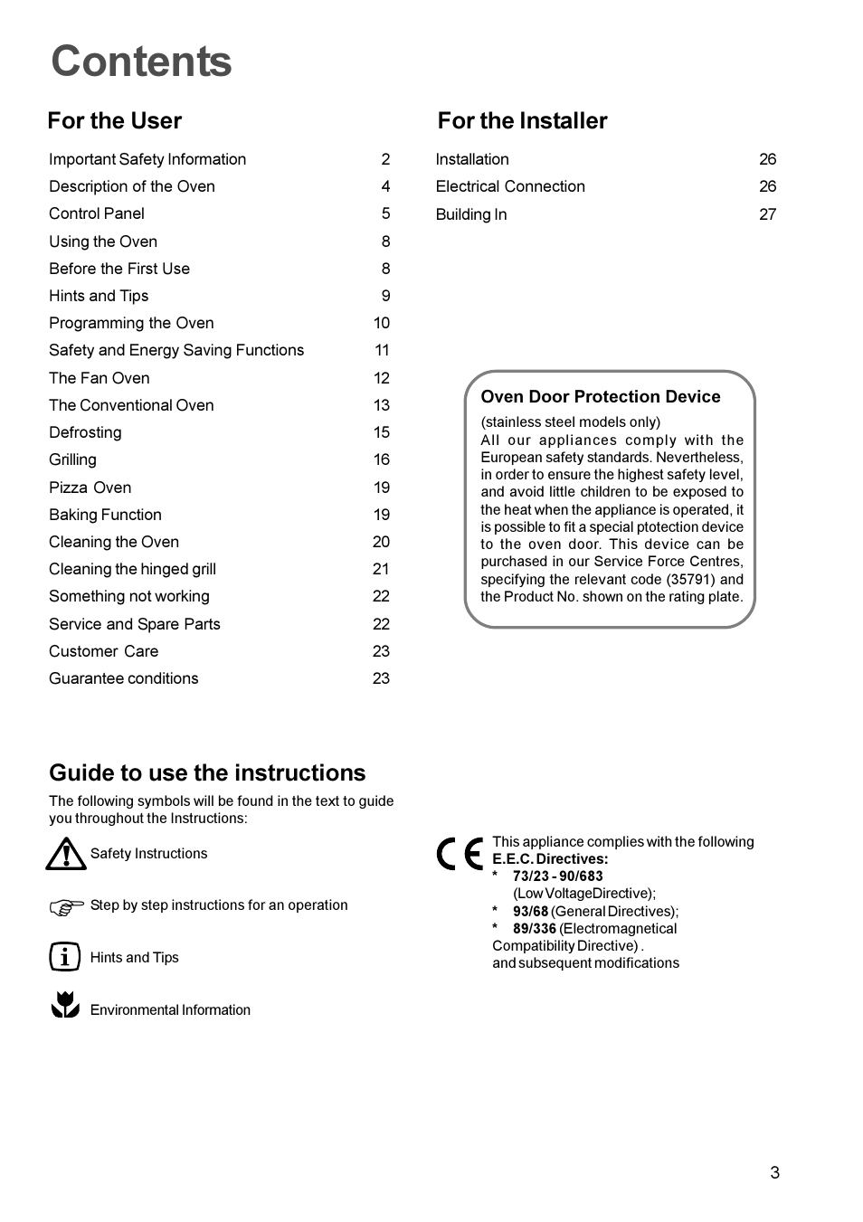 Contents f, Guide to use the instructions, For the user for the installer | Zanussi ZBM 879 User Manual | Page 3 / 28