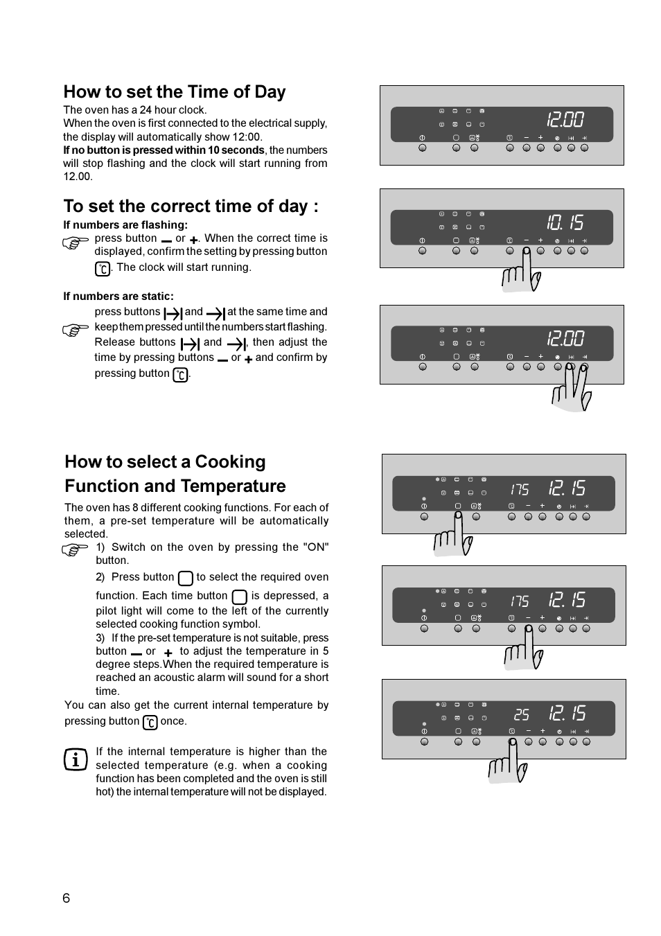 How to select a cooking function and temperature, How to set the time of day | Zanussi ZBM 879 User Manual | Page 6 / 28