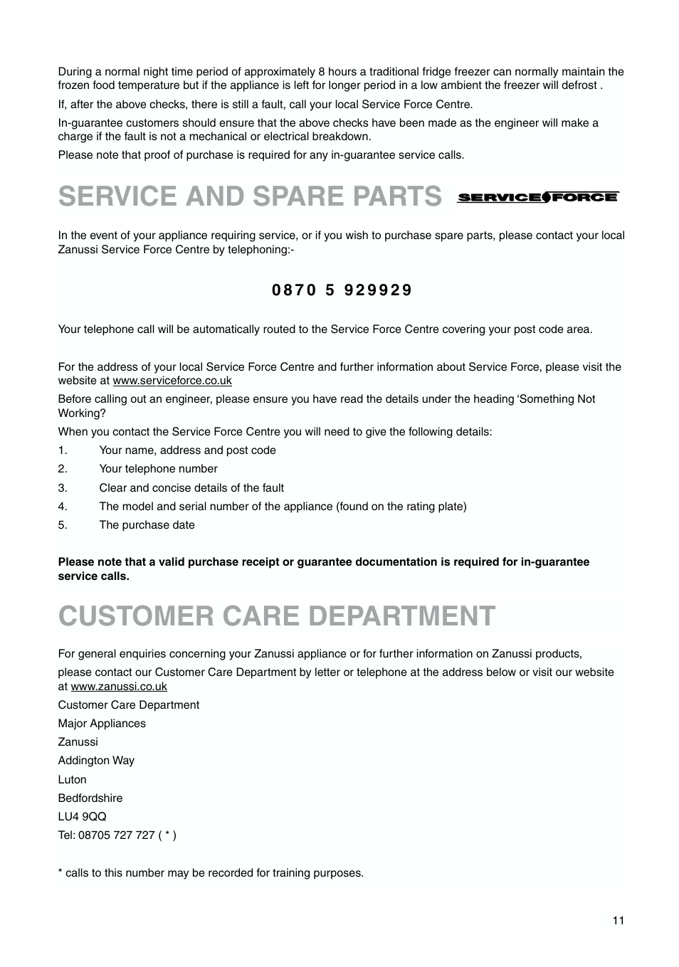 Service and spare parts customer care department | Zanussi ZBB 6244 User Manual | Page 11 / 20