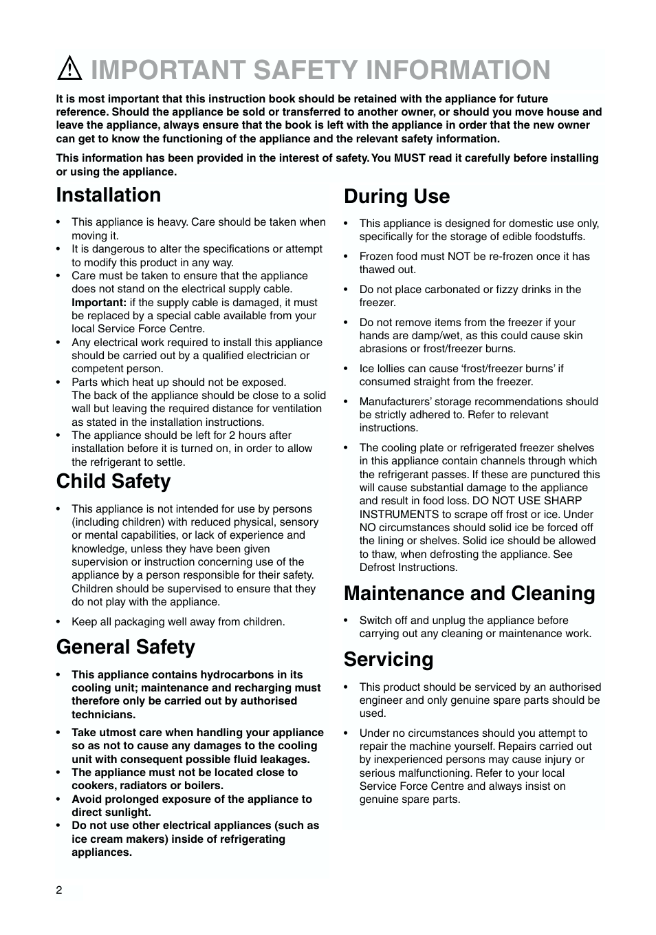 Important safety information, Installation, Child safety | General safety, During use, Maintenance and cleaning, Servicing | Zanussi ZBB 6244 User Manual | Page 2 / 20