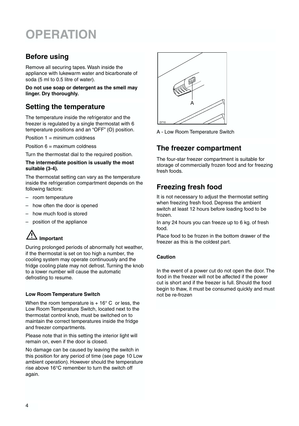 Operation, Before using, Setting the temperature | The freezer compartment, Freezing fresh food | Zanussi ZBB 6244 User Manual | Page 4 / 20