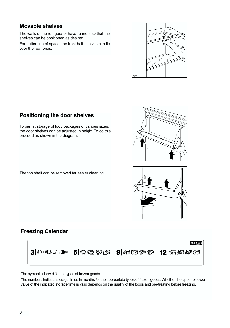 Movable shelves, Positioning the door shelves, Freezing calendar | Zanussi ZBB 6244 User Manual | Page 6 / 20