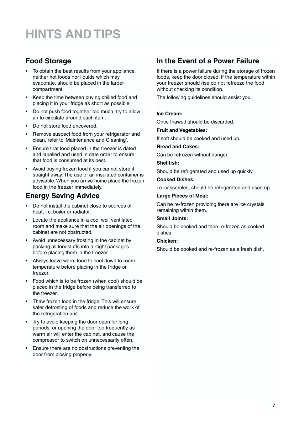 Hints and tips, Food storage, Energy saving advice | Zanussi ZBB 6244 User Manual | Page 7 / 20