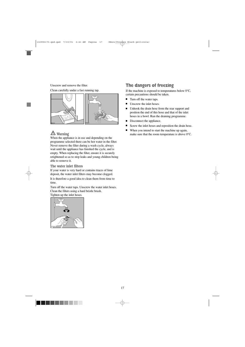 The dangers of freezing, Warning, The water inlet filters | Zanussi ZT 1014 User Manual | Page 17 / 30