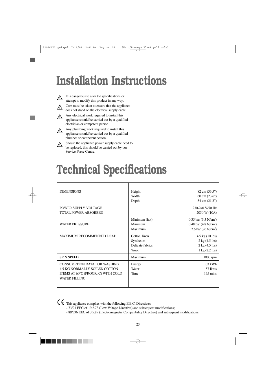 Installation instructions technical specifications | Zanussi ZT 1014 User Manual | Page 23 / 30