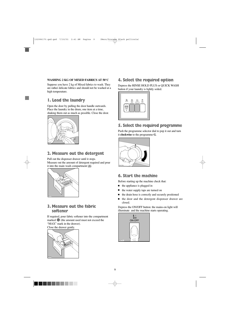 Load the laundry, Measure out the detergent, Measure out the fabric softener | Select the required option, Select the required programme, Start the machine | Zanussi ZT 1014 User Manual | Page 9 / 30