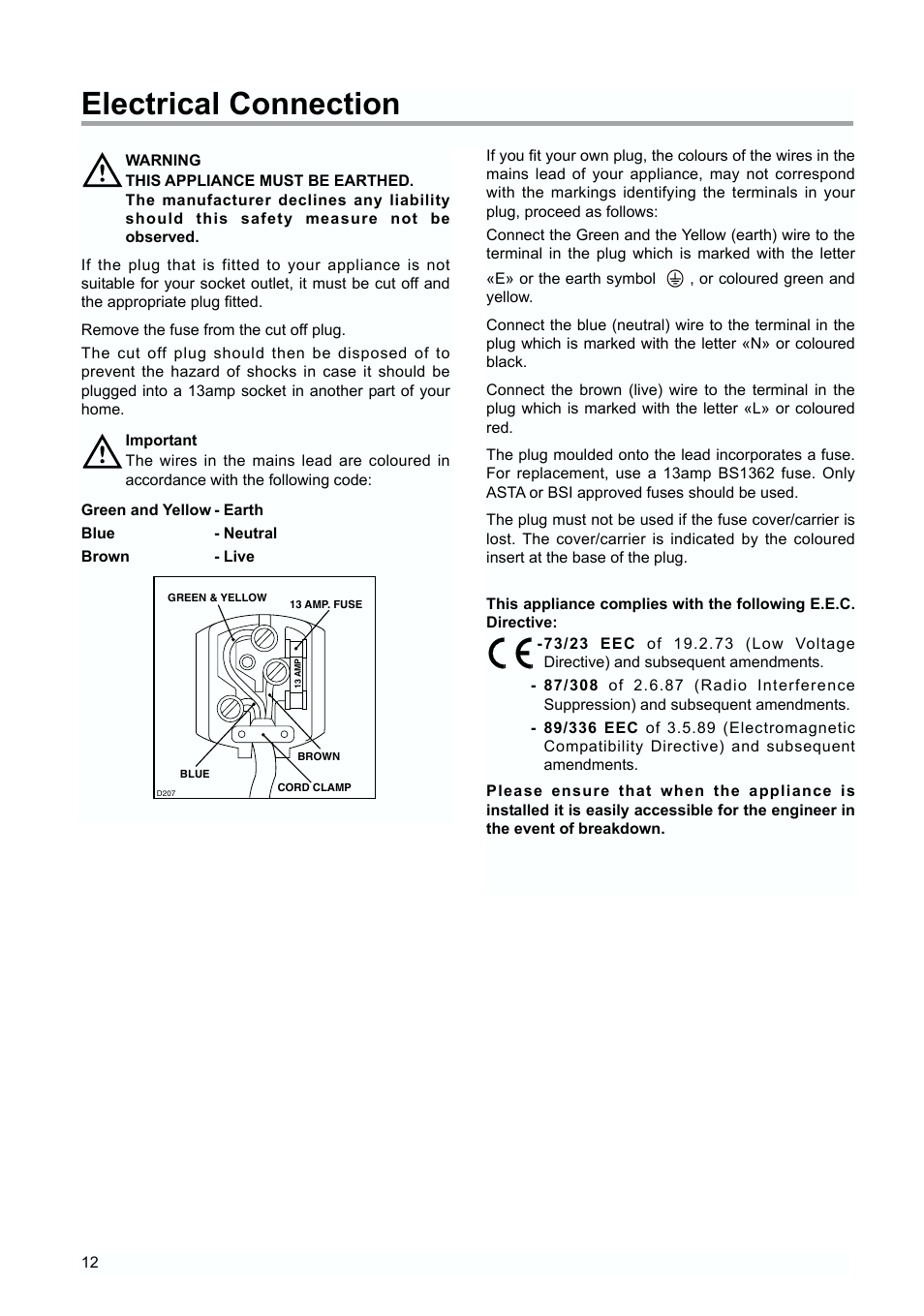 Electrical connection | Zanussi ZUD 9154 A User Manual | Page 12 / 20