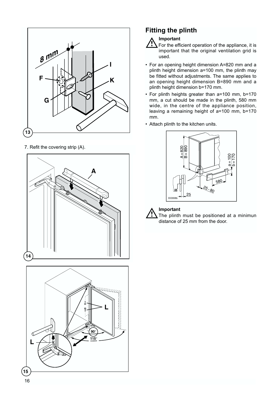 8 mm, Fitting the plinth, Gk i f | Zanussi ZUD 9154 A User Manual | Page 16 / 20