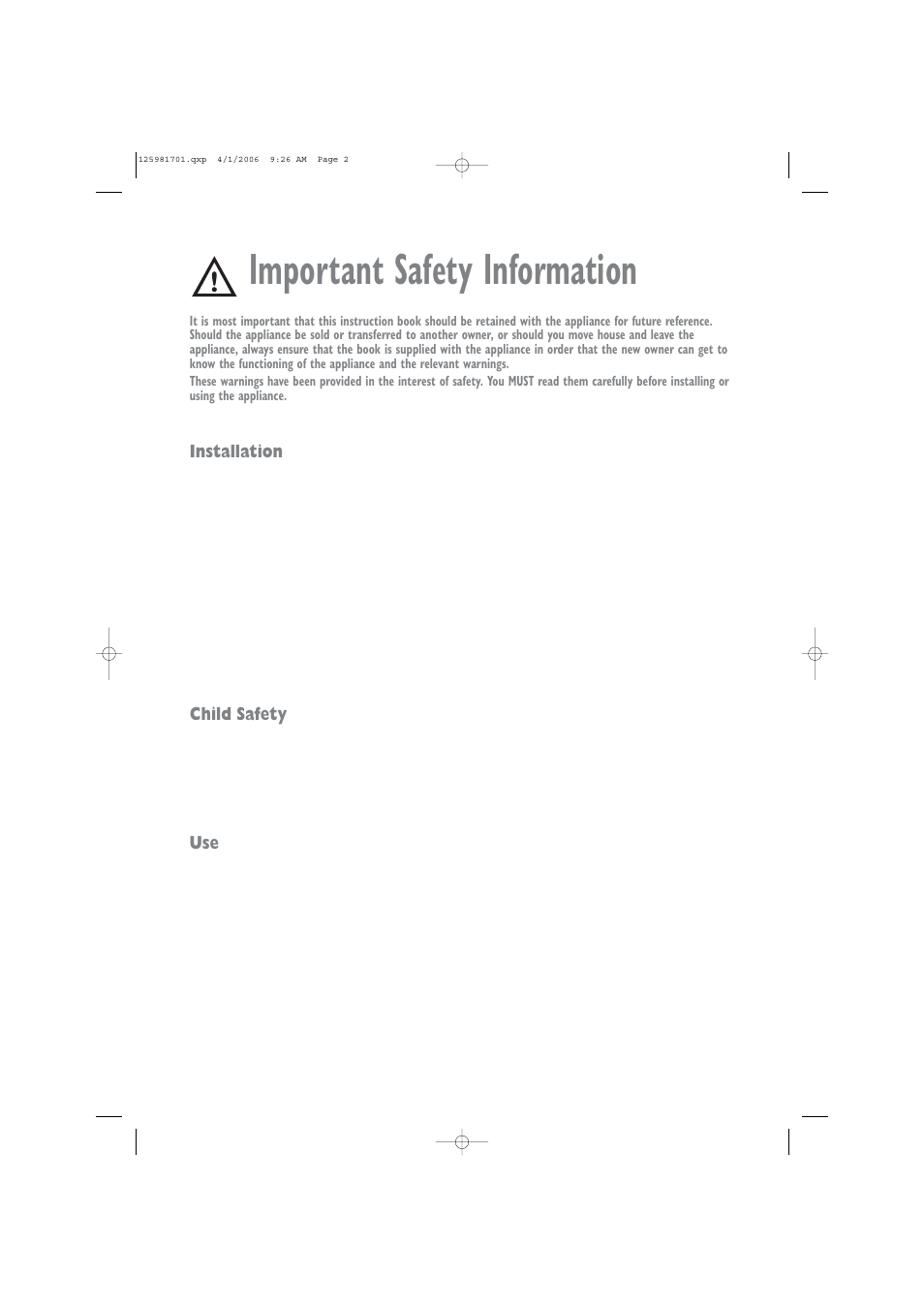 Important safety information, Installation, Child safety | Zanussi TCE 7127 W User Manual | Page 2 / 17