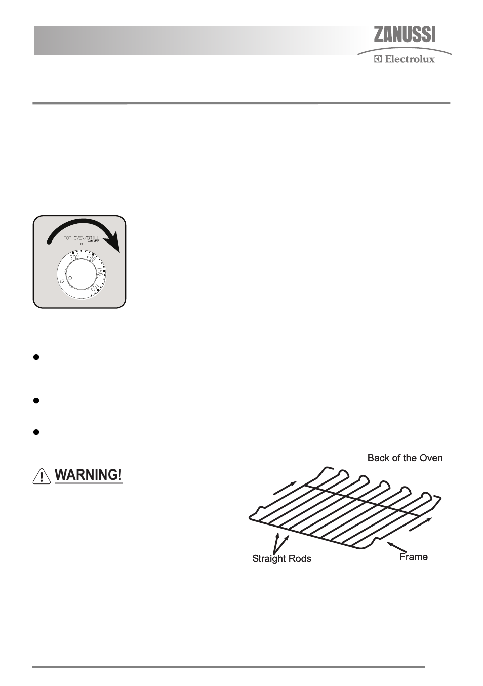 The top oven, Using the top oven, Warning | Zanussi ZKC5030 User Manual | Page 17 / 36
