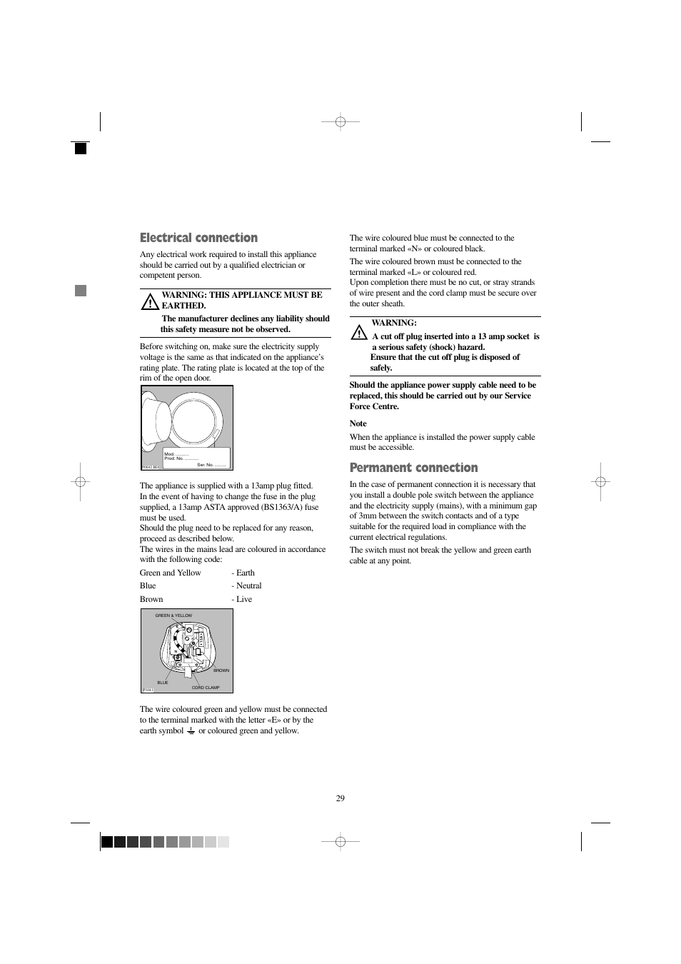 Electrical connection, Permanent connection | Zanussi WJD 1667 W User Manual | Page 29 / 30