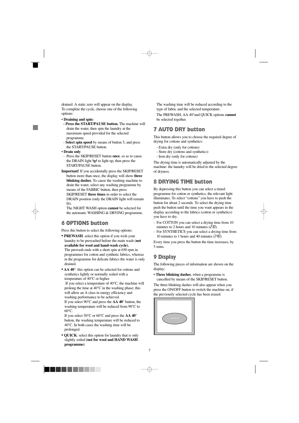 6 options button, 7 auto dry button, 8 drying time button | 9 display | Zanussi WJD 1667 W User Manual | Page 7 / 30