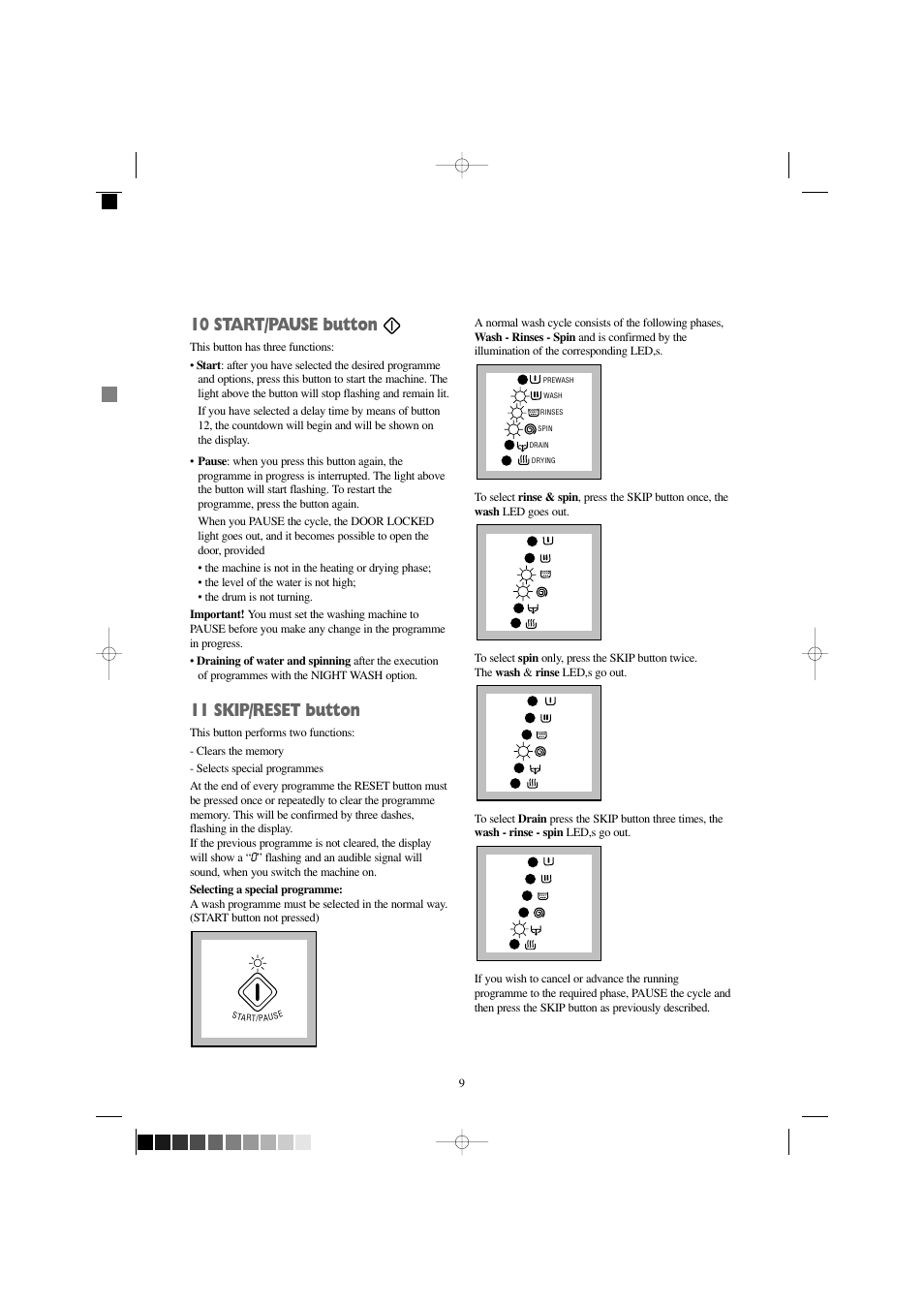 10 start/pause button, 11 skip/reset button | Zanussi WJD 1667 W User Manual | Page 9 / 30