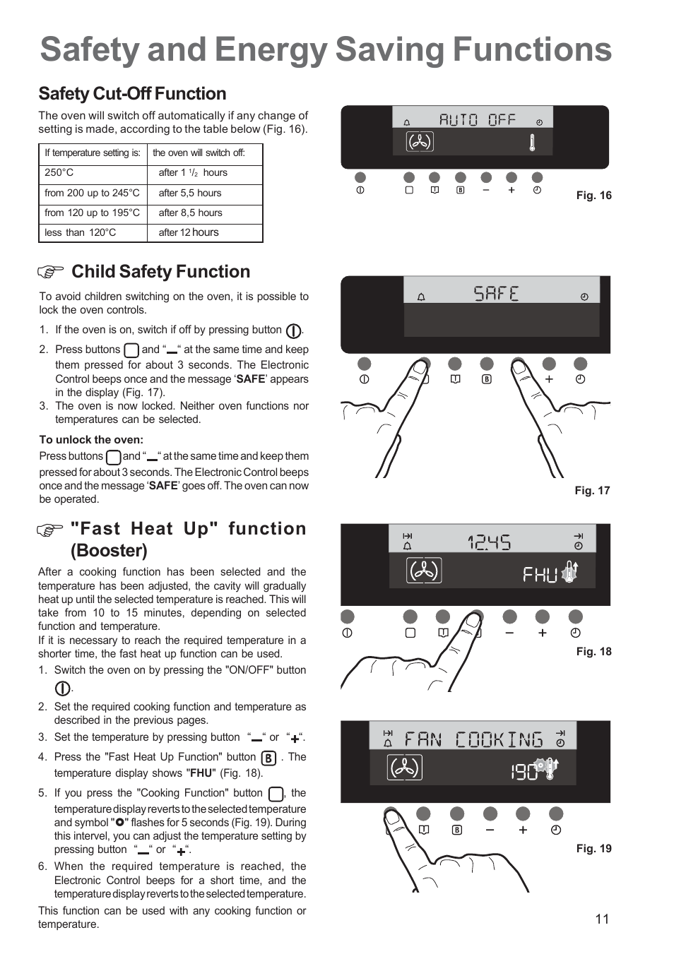 Safety and energy saving functions, Safety cut-off function, Child safety function | Fast heat up" function (booster) | Zanussi ZBS 1063 User Manual | Page 11 / 28