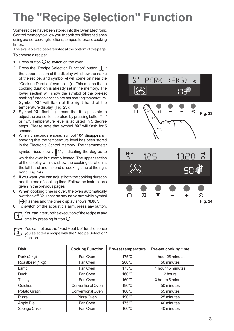 The "recipe selection" function | Zanussi ZBS 1063 User Manual | Page 13 / 28