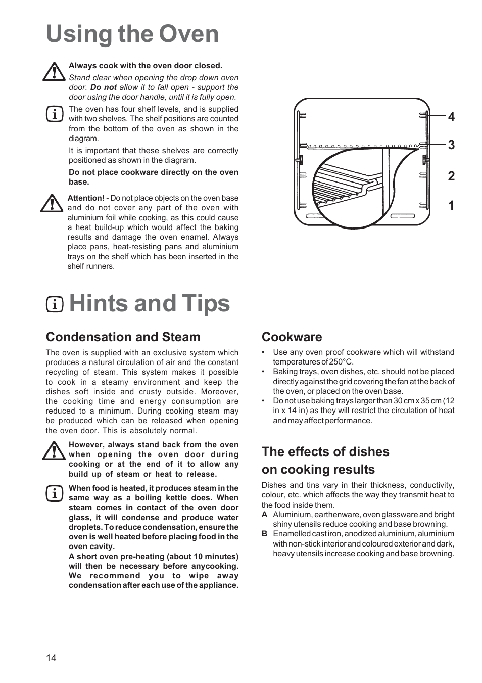 Hints and tips using the oven, Condensation and steam, Cookware | The effects of dishes on cooking results | Zanussi ZBS 1063 User Manual | Page 14 / 28