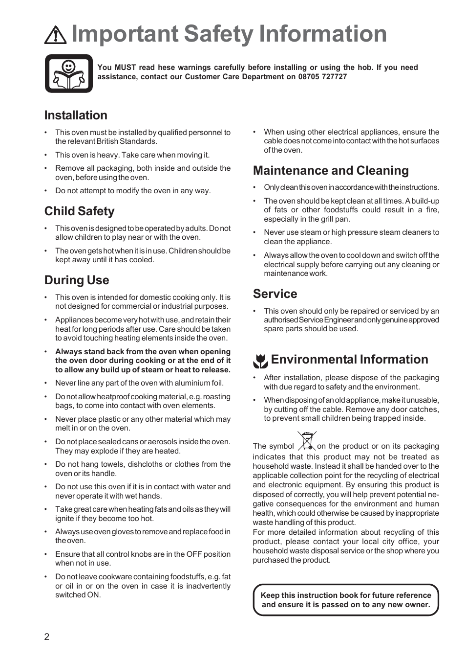 Important safety information, Installation, Child safety | During use, Maintenance and cleaning, Service, Environmental information | Zanussi ZBS 1063 User Manual | Page 2 / 28