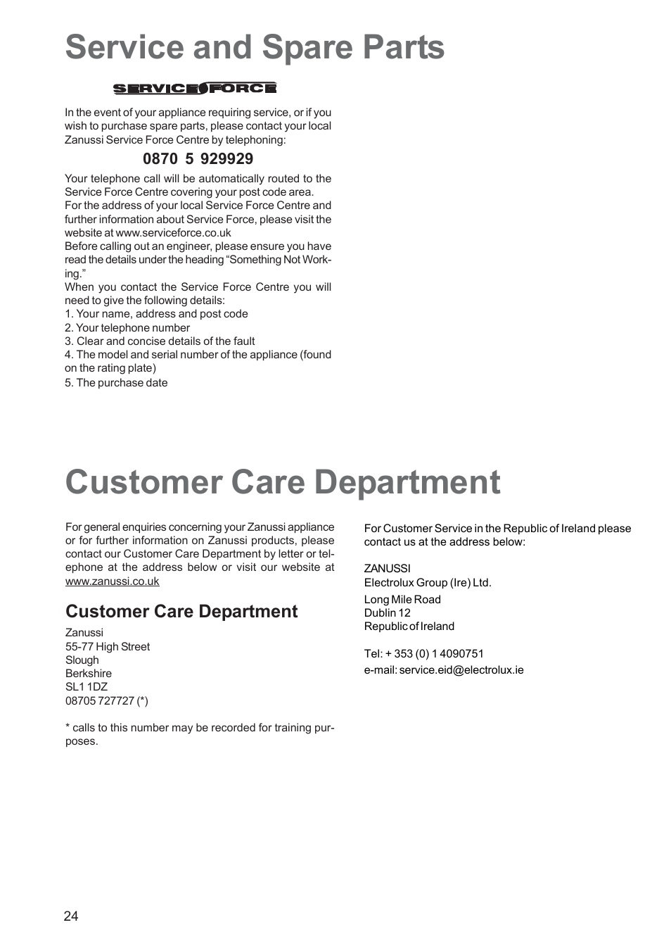 Service and spare parts, Customer care department | Zanussi ZBS 1063 User Manual | Page 24 / 28