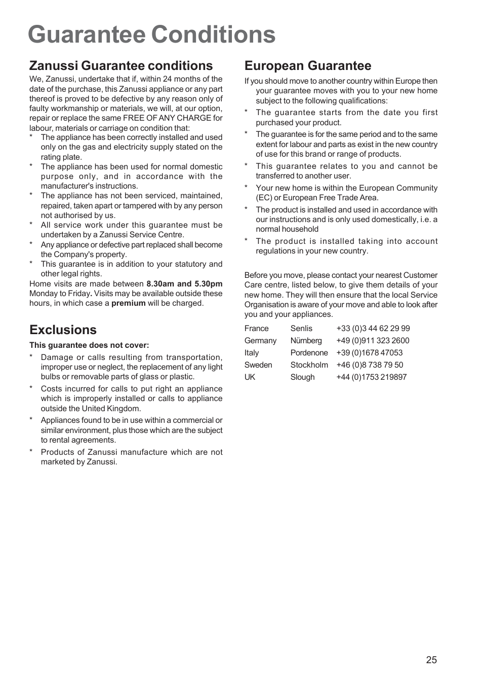 Guarantee conditions, Zanussi guarantee conditions, Exclusions | European guarantee | Zanussi ZBS 1063 User Manual | Page 25 / 28