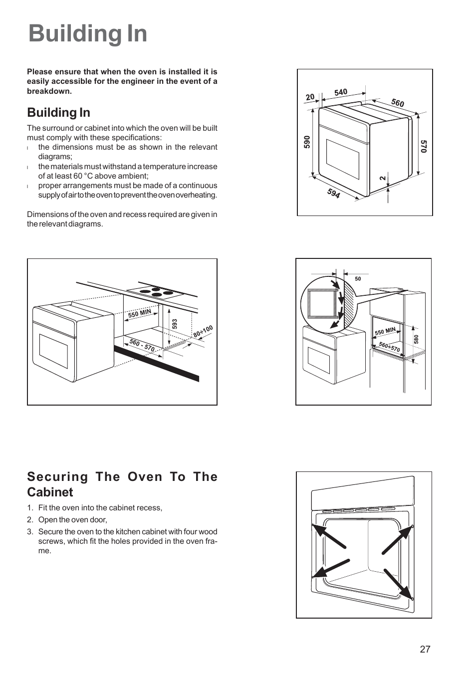 Building in, Securing the oven to the cabinet | Zanussi ZBS 1063 User Manual | Page 27 / 28