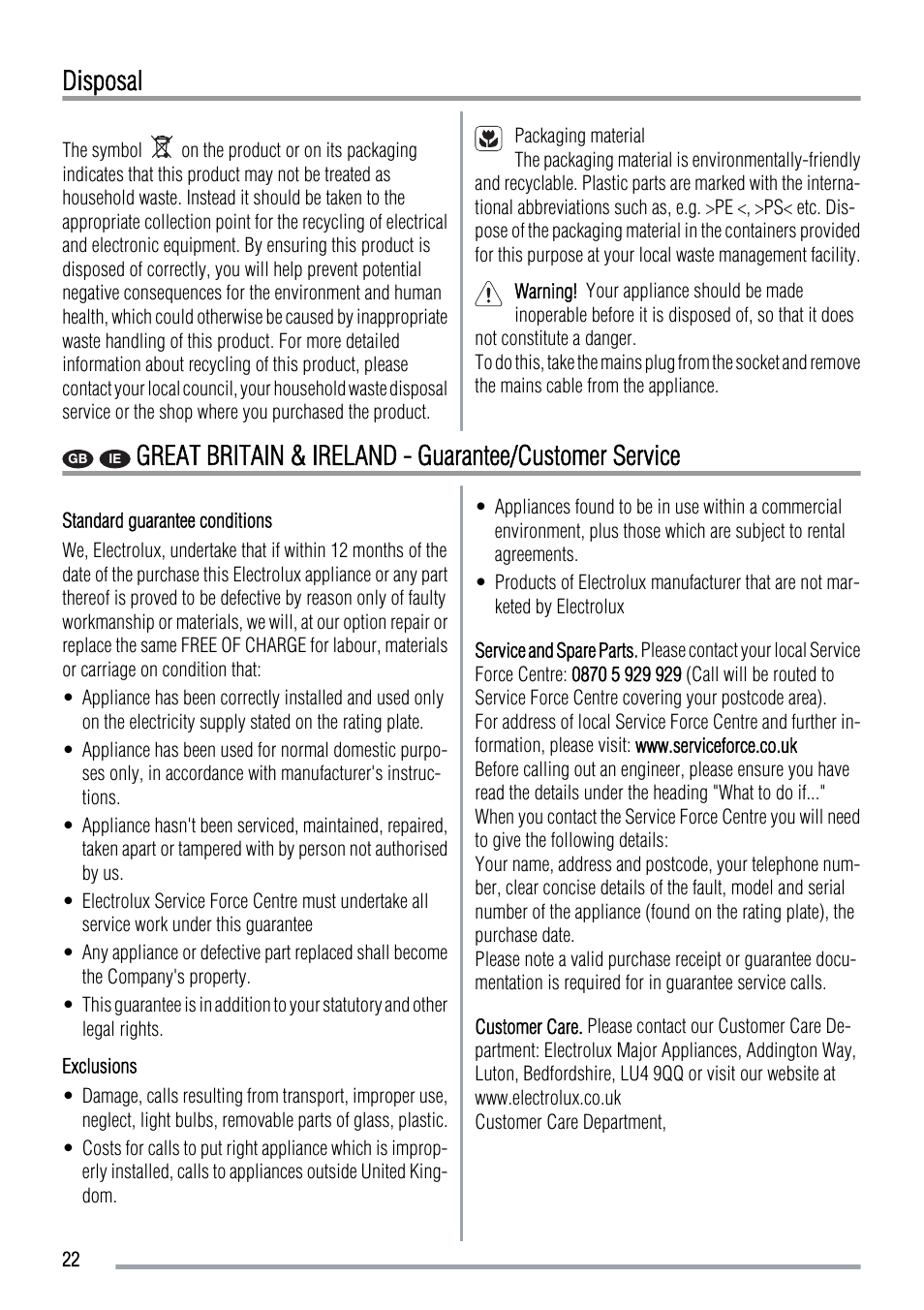 Disposal | Zanussi ZOD370 User Manual | Page 22 / 28
