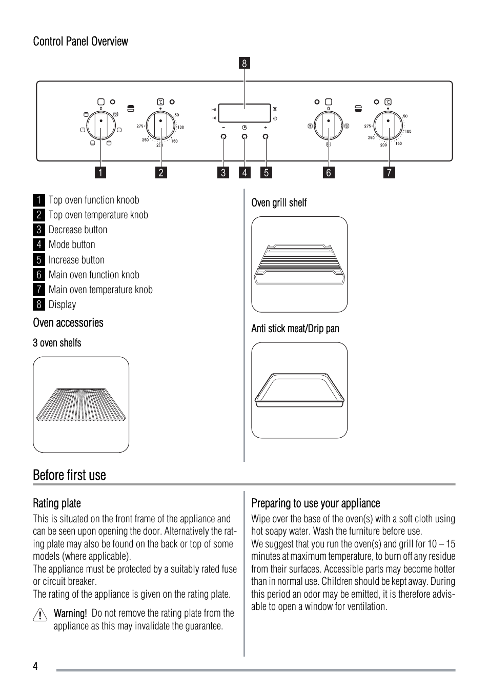Before first use | Zanussi ZOD370 User Manual | Page 4 / 28