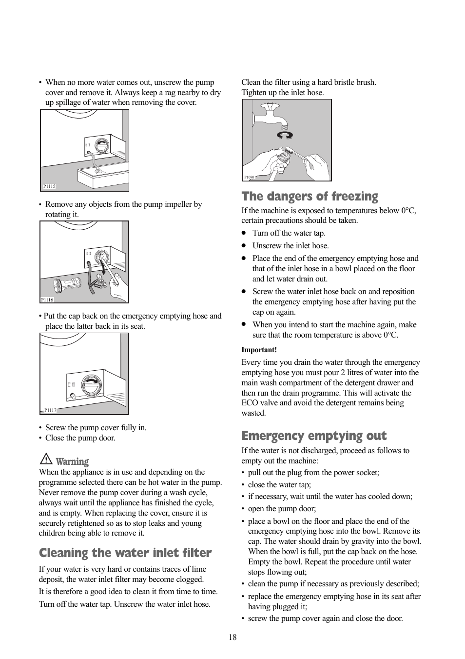 Cleaning the water inlet filter, The dangers of freezing, Emergency emptying out | Warning | Zanussi ZWF 1415W User Manual | Page 18 / 27