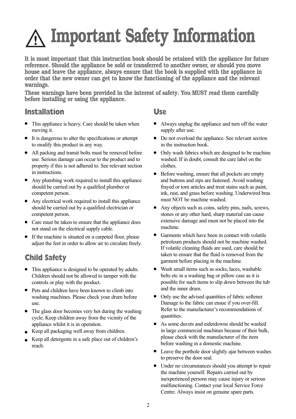 Important safety information, Installation, Child safety | Zanussi ZWF 1415W User Manual | Page 2 / 27