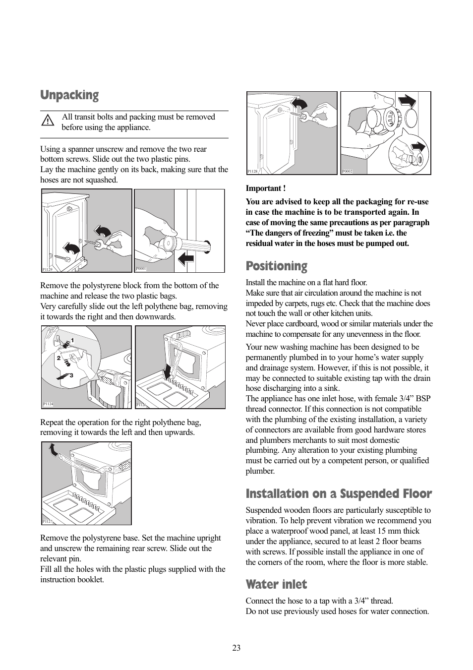 Unpacking, Positioning, Installation on a suspended floor | Water inlet | Zanussi ZWF 1415W User Manual | Page 23 / 27