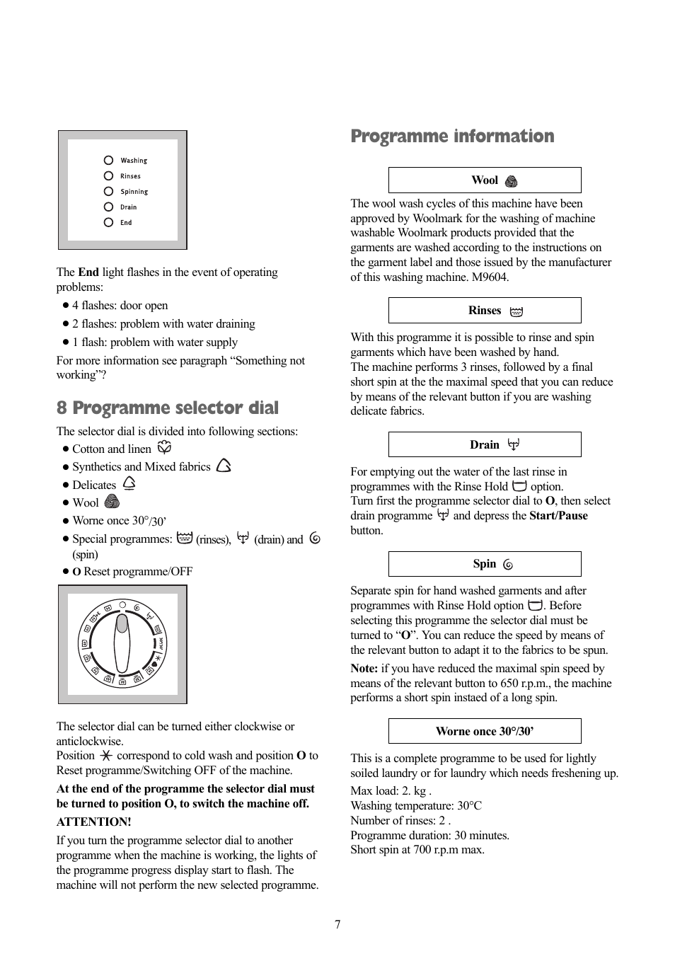 8 programme selector dial, Programme information | Zanussi ZWF 1415W User Manual | Page 7 / 27