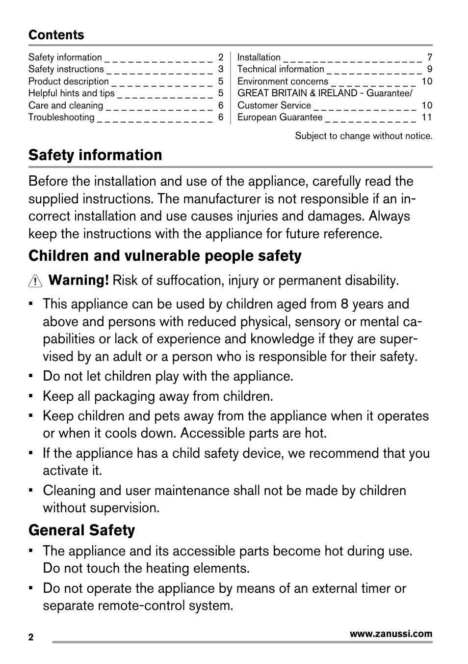 Safety information, Children and vulnerable people safety, General safety | Zanussi ZVM640F User Manual | Page 2 / 16